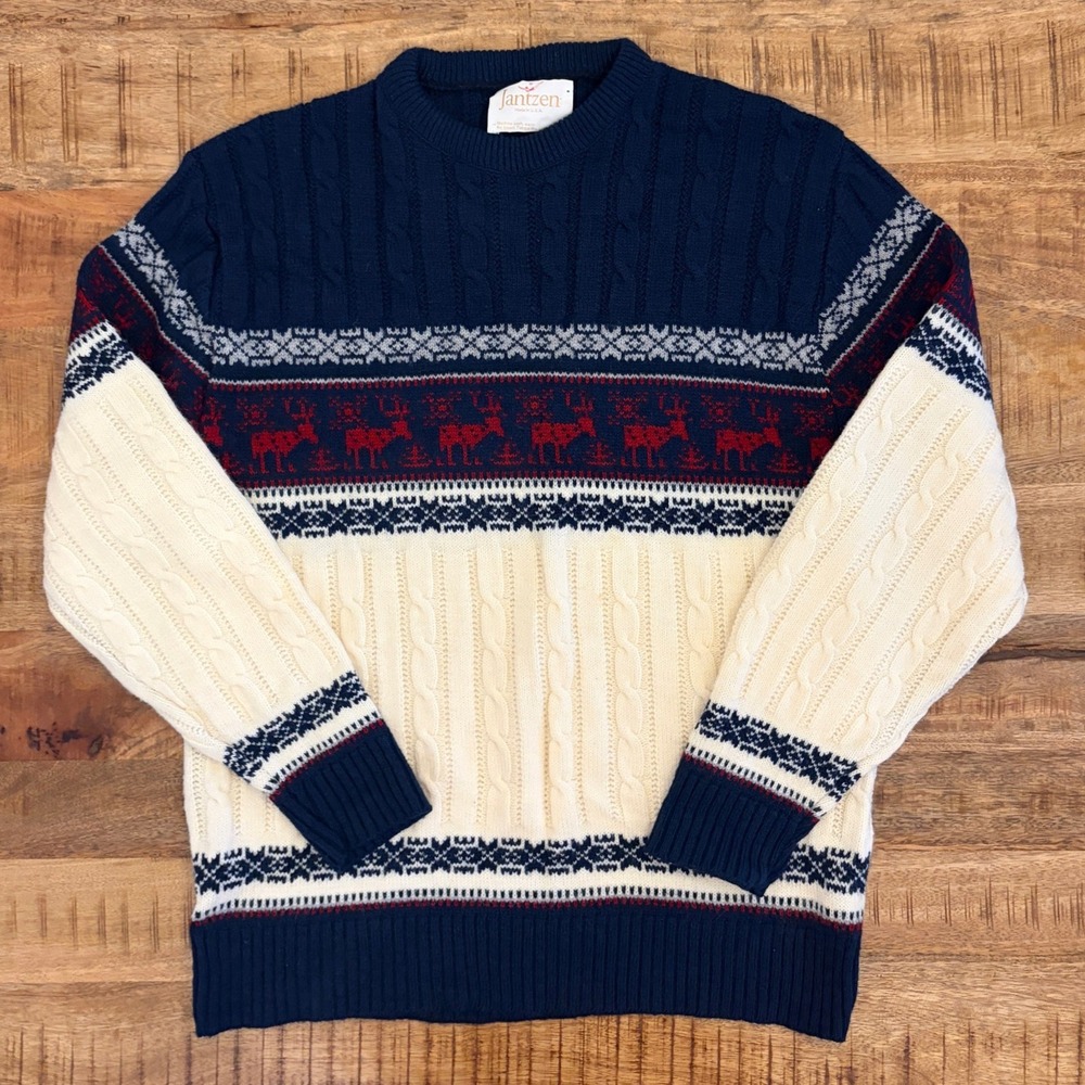 Vintage Jantzen Sweater Mens L Reindeer Fair Isle Cable Knit 80s Intarsia USA
